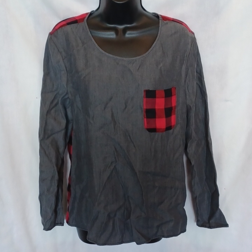 Buffalo Check Plaid Hi Lo Blouse Charlie Paige Long Sleeve Top SM, EUC